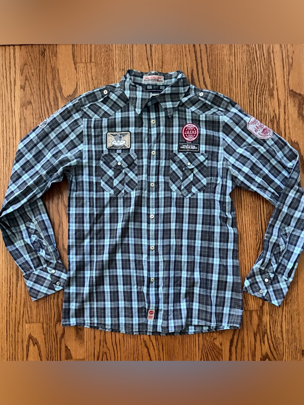 JACHS Men’s XL Teal/Gray/White Plaid Long Sleeve Button-Up Shirt Pockets
